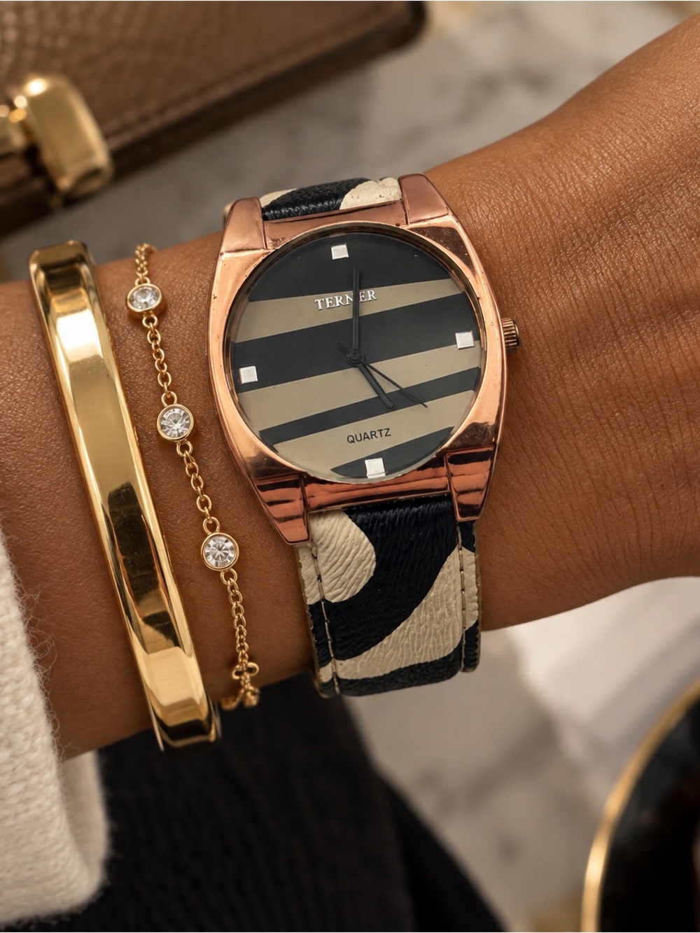 Bijoux Terner Oversized Watch Copper Tone Striped Dial Camo Strap Nickel Free